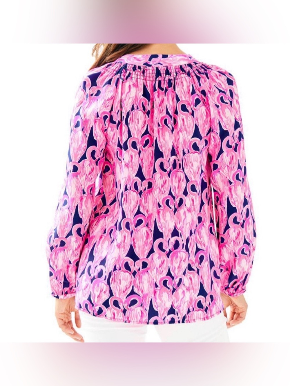 Lilly Pulitzer Elsa Silk Blouse in High Tide Via Amor (Flamingo) Print - Size M - Picture 4 of 9